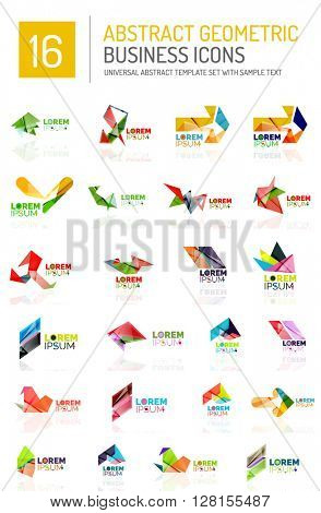 Abstract geometric business logo icon set. Colorful geometrical figure compositions with light effects - triangles circles rings arrows lines