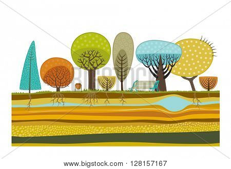 The vector illustration of flat park elements - various trees, garbage can, bench and soil cut layers with roots, rocks and water.