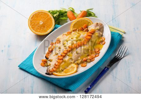 sole fish with carrots celery and orange sauce 