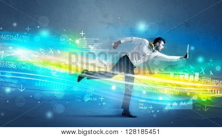 Business man running with device in high tech wave cloud concept on background