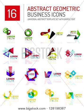 Abstract geometric business logo icon set. Colorful geometrical figure compositions with light effects - triangles circles rings arrows lines