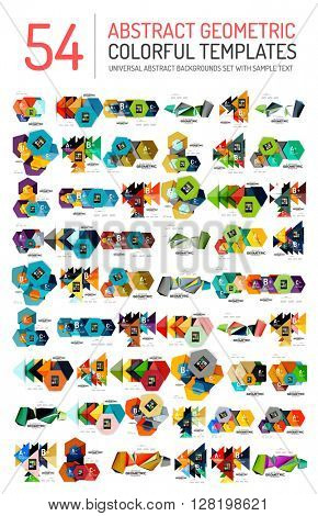 Collection of abstract backgrounds - colorful textured glossy geometric shape compositions with infographics option sample text, repetition of elements. Colorful geometric universal template, bright