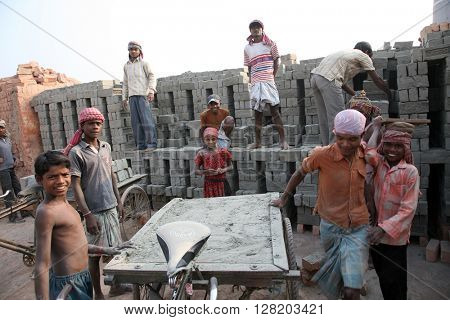 SARBERIA,INDIA, JANUARY 16: Brick field workers carrying complete finish brick from the kiln, and loaded it onto a bicycle rickshaw on January 16, 2009 in Sarberia, West Bengal, India.