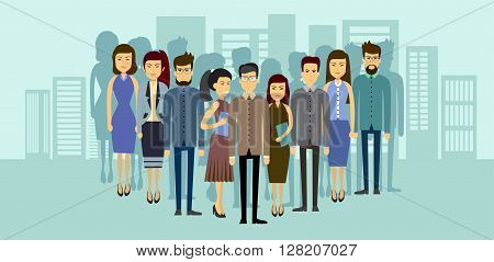 Asian Business People Group Over City Background Asia Businesspeople Team Flat Vector Illustration