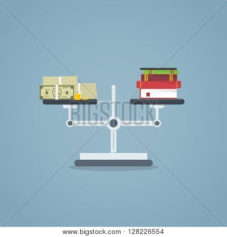 Weigher with books on one side and money on the other side.