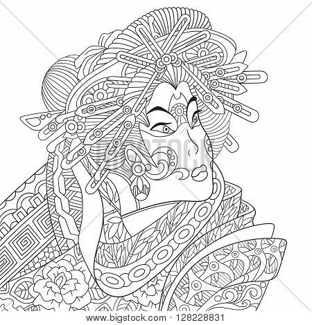 Zentangle stylized cartoon geisha woman (japanese dancing actress). Hand drawn sketch for adult antistress coloring page T-shirt emblem logo or tattoo with doodle zentangle floral design elements.
