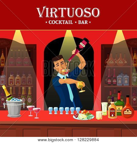 Original design flat illustration showing virtuoso barmen at cocktail bar counter vector illustration