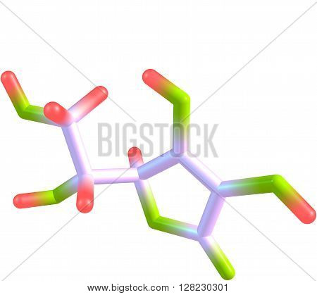 Structural model of Ascorbic Acid known as Vitamin C. Isolated on white background. 3d illustration