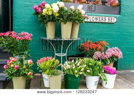 London United Kingdom - April 30 2016: Flowers stall at Bermondsey Square London