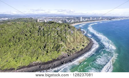 Aerial view of Burleigh Headland National Park, and surrounds. Gold Coast, Australia