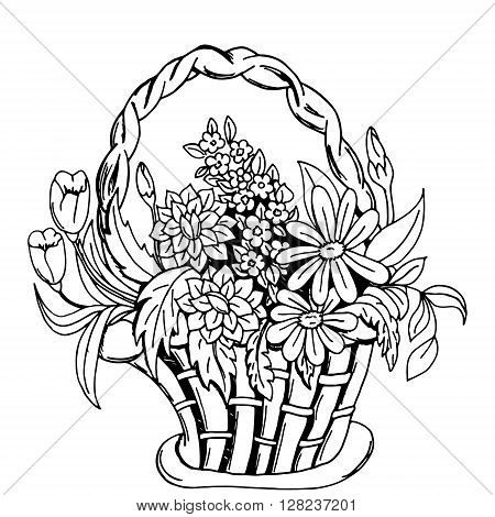 Basket with flowers. Hand drawn sketch doodles vector design elements. Isolated on white background. Vector illustration