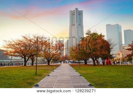 YOKOHAMA JAPAN - NOVEMBER 24 2015: Minato Mirai 21 is a seaside urban area in central Yokohama whose name means "Harbor of the Future"