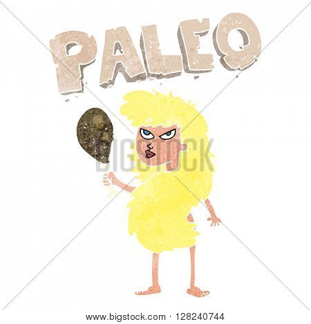 freehand retro cartoon woman on paleo diet