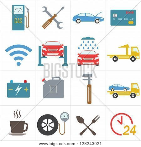 Car service icon set in flat design. Vehicle maintenance and repair. Colorful vector illustration.