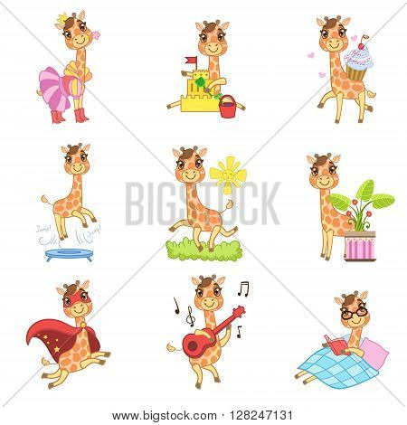 Cute Giraffe Cartoon Collection Of Outlined Illustrations In Cute Girly Cartoon Style Isolated On White Background