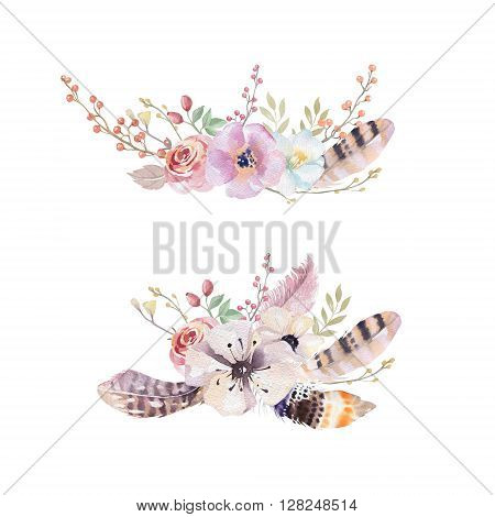 Set of watercolor vintage floral bouquets. Boho spring flowers and leaf frame isolated on white background: succulent branches leaves feathers berries peony rose. Hand painted natural design
