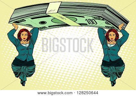 Female caryatids holding bundle of dollars pop art retro style. Ancient architecture in business topics.