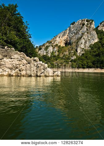 Rocky landscape of river Uvac gorge at sunny summer morning, southwest Serbia