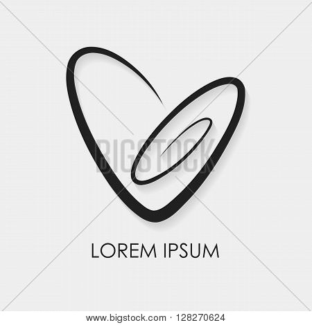 Spiral Heart Logo. Simple clear linear icon. Vector black logotype with light shadow isolated on white background. Love logo template for romantic or wedding design