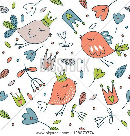 Seamless vector floral pattern. Spring illustration of cute birds and flower.Fairytale design for your love card invitation children or wedding DIY. Isolated illustration on white