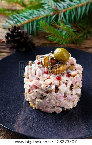 salad with veal tonque and mayonnaise. selective focus