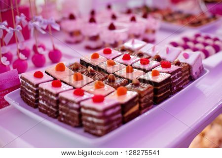 Delicious sweets on candy buffet at a reception