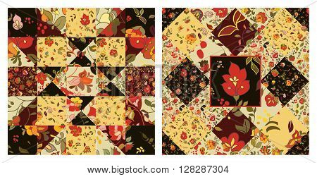 Sey of Creative seamless patchwork pattern with flowers. Vintage boho style