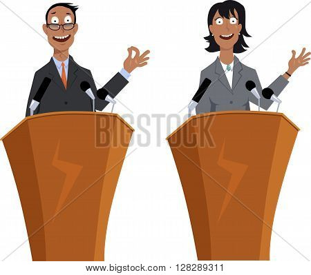 Male and female public speaker, EPS 8 vector cartoon characters, isolated on white, no transparencies