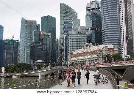 SINGAPORE - FEB 19, 2016: Buildings skyline in business district Marina Bay. Singapore is considered a global financial hub, with Singapore banks offering world-class corporate bank account facilities