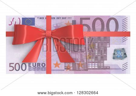 Wad of 500 Euro banknotes with red bow gift concept. 3D rendering