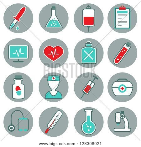 Medicine flat icons set with pills thermometer pulse test tube dropper syringe stethoscope poison isolated vestor illustration