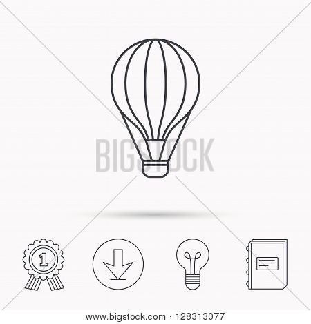 Air balloon icon. Fly transport sign. Airship travel symbol. Download arrow, lamp, learn book and award medal icons.