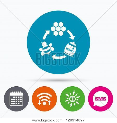 Wifi, Sms and calendar icons. Producing honey and beeswax sign icon. Honeycomb cells symbol. Honey in pot. Sweet natural food cycle in nature. Go to web globe.