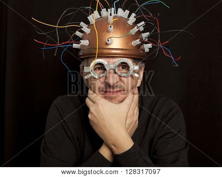 Cheerful crazy inventor helmet for brain research