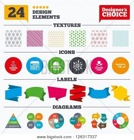 Banner tags, stickers and chart graph. Kosher food product icons. Chef hat with fork and spoon sign. Star of David. Natural food symbols. Linear patterns and textures.