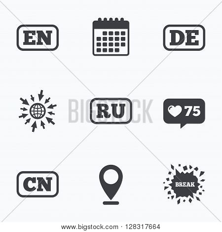 Calendar, like counter and go to web icons. Language icons. EN, DE, RU and CN translation symbols. English, German, Russian and Chinese languages. Location pointer.