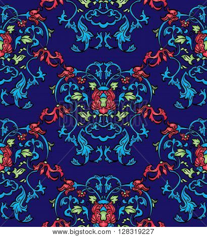 Vintage design ornament in Eastern style. Vector seamless pattern with floral ornament. Traditional arabic decor on a blue background.