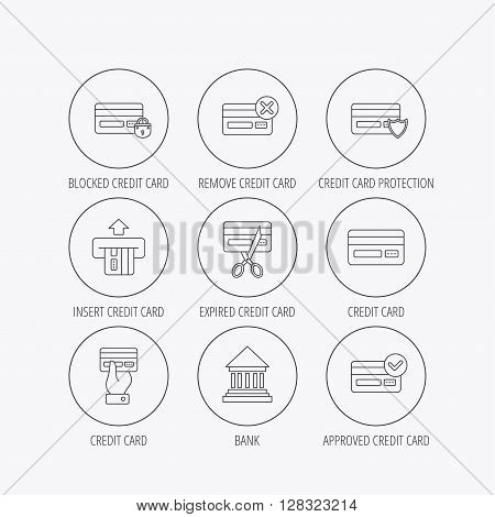 Bank credit card icons. Banking, blocked and expired debit card linear signs. Money transactions and shopping icons. Linear colored in circle edge icons.