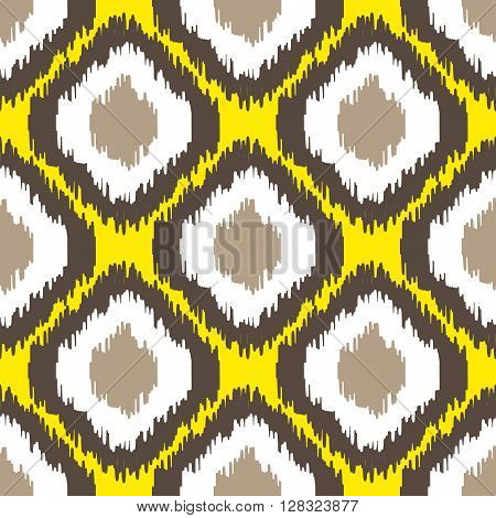 Ikat geometric seamless pattern. Yellow and brown color collection. Indonesian textile fabric tie-dye technique inspiration. Rhombus and drop shapes.