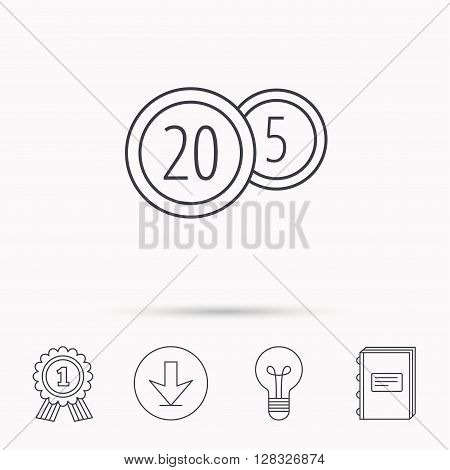 Coins icon. Cash money sign. Bank finance symbol. Twenty and five cents. Download arrow, lamp, learn book and award medal icons.