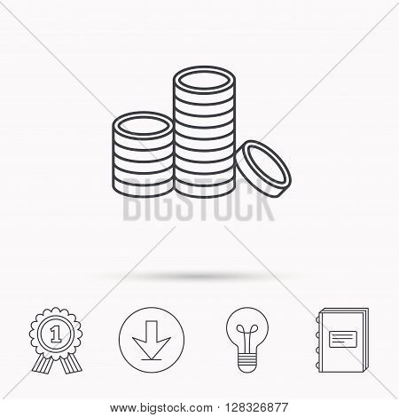 Coins icon. Cash money sign. Bank finance symbol. Download arrow, lamp, learn book and award medal icons.