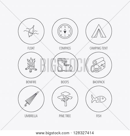 Pine tree, fishing float and hiking boots icons. Compass, umbrella and bonfire linear signs. Camping tent, fish and backpack icons. Linear colored in circle edge icons.