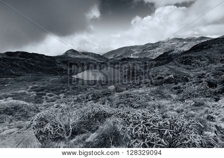 Top view of Kalapokhri lake Sikkim Himalayan mountain range Sikkim - It is one of beautiful remote placed lakes of Sikkim. Black and white image.