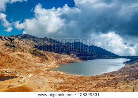 Elephant Lake named due to it's shape as a lying elephant remote high altitude lake at kupup Valley Sikkim. Himalayan mountain range Sikkim India