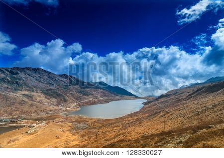 Elephant Lake named due to it's shape as a lying elephant remote high altitude lake at kupup Valley Sikkim. Himalayan mountain range Sikkim India