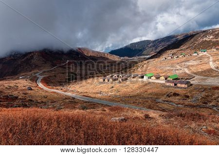 Top view of Kupup Valley at about 13000 feet high from sea level Sikkim India with beautiful Himalayan mountain range in the background.