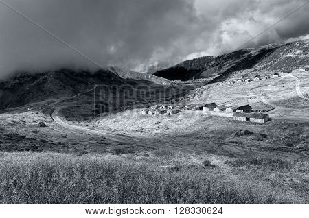 Top view of Kupup Valley at about 13000 feet high from sea level Sikkim India with beautiful Himalayan mountain range in the background. Black and white image