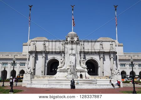 WASHINGTON, DC - APR 16: Columbus Statue at Union Station in Washington DC, as seen on April 16, 2016. Opened in 1907, it is Amtrak's headquarters.