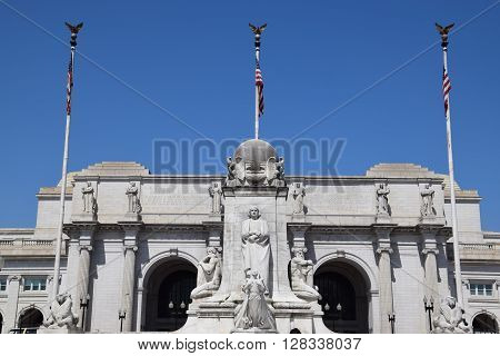 WASHINGTON, DC - APR 16: Columbus Statue at Union Station in Washington DC, as seen on April 16, 2016. Opened in 1907, it is Amtrak's headquarters.