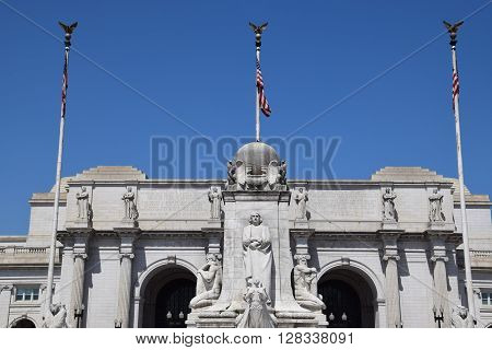 WASHINGTON, DC - APR 16: Columbus Statue at Union Station in Washington DC, as seen on April 16, 2016. Opened in 1907, it is Amtrak's headquarters.